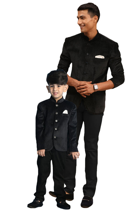 VASTRAMAY Black Polka Dot Printed Velvet Jodhpuri Baap beta Set